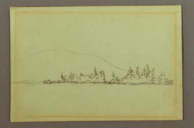 Dessin, rivage boisé, montagne, peut-être 1856
