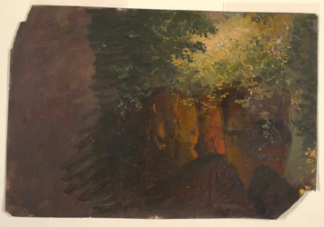 Dessin, scène de forêt avec des rochers, 1860-70