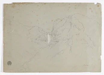 Dessin. a. Esquisse. Ralls de Tequendama près de Bogota, Colombie. b. Vue de chaînes de montagnes lointaines.