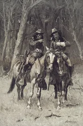Éclaireurs Cheyenne patrouillant le Grand Bois du Nord Canadien, Oklahoma, 6 avril