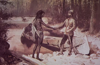 Trappeur franco-canadien faisant des affaires avec un Amérindien, fin du 19e siècle (lithographie en couleur)