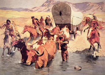 Indiens attaquant un train de chariots pionniers