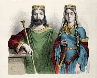 Clovis (481-511), roi des Francs, avec sa seconde épouse sainte Clotilde (Clothilde), reine. Gravure de Lix.