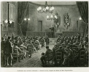 Conférence aux ouvriers des ateliers Dollfus Mieg, à Dornach. Gravure pour illustrer l