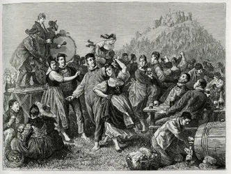 Fête des pâtres au Hohneck (Vosges), dimanche après Saint-Jean. Gravure de F.Lix, pour illustrer le récit « À travers l
