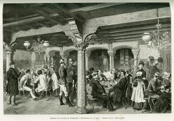 Intérieur de la taverne Tiefenkeller à Strasbourg. Gravure pour illustrer l