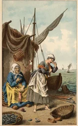 Chanson populaire : « À la pêche aux moules » Illustration de Frédéric Théodore Lix (1830-1897). Frontispice de « Chansons et rondes enfantines des provinces de la France »