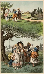 Chanson populaire : « Nous étions trois filles ». Illustration par Frédéric Théodore Lix (1830-1897) dans « Chansons et rondes enfantines des provinces de la France »