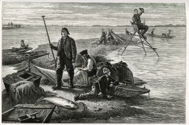 Pêche au saumon. Gravure par F.Lix, pour illustrer le récit « À travers l