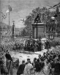 Inauguration de la statue de Blaise Pascal (1623-1662) sur la Place Saint Herem de Clermont-Ferrand, Puy-de-Dôme (63). 5 septembre