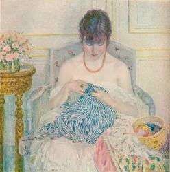 Une fille cousant, vers 1894-1914