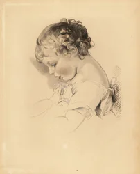Portrait de Henry Bloxam, neveu de Sir Thomas Lawrence. Garçon en robe avec un ruban bleu. Gravure à la main par Frederick Christian Lewis d