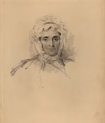 Portrait de la mère de Sir Thomas Lawrence, Lucy Read, proche de la mort. En bonnet et robe à col haut. Gravure colorée à la main par Frederick Christian Lewis d