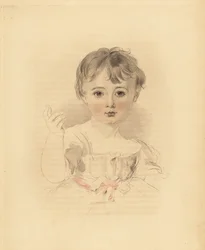 Portrait de Thomas Lawrence Bloxam, neveu de Sir Thomas Lawrence. En robe nouée avec un ruban rose. Gravure à la main par Frederick Christian Lewis d