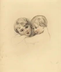 Portrait des enfants Calmeady dans une étreinte. Gravure colorée à la main par Frederick Christian Lewis d