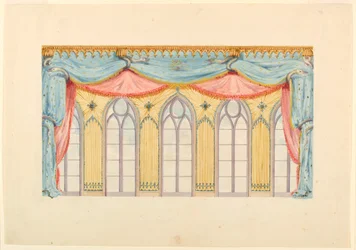 Dessin, décoration de fenêtre, probablement pour le mur est de la salle de musique, Pavillon royal, Brighton, 1820