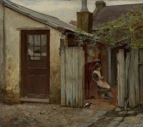 Fille avec un oiseau devant la boulangerie de King Street. 1886