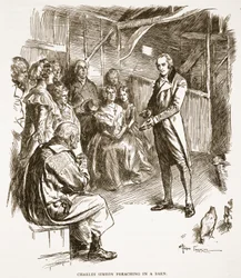 Charles Simeon prêchant dans une grange, illustration de 