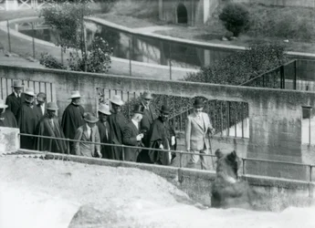Sir Peter Chalmers Mitchell avec le régent éthiopien Haile Selassie et son entourage, observant un ours brun sur les terrasses Mappin, Zoo de Londres