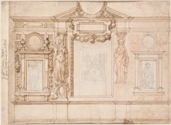 Conception pour une décoration murale avec des croquis collés après Raphaël verso, vers 1580s-90s