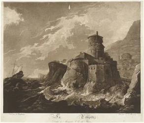 Château sur une côte rocheuse et navires en tempête en mer