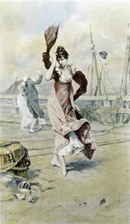 Femme au bord de la mer - allégorie du début du printemps, calendrier illustré par Hubert Dys, peint par F.H. Kaemmerer