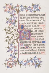 Feuille illuminée avec initiale E recto, bordure de vigne verso