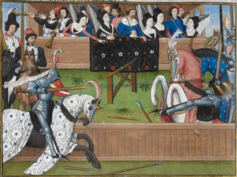 Chevaliers jouteurs à un tournoi médiéval. Une lance est cassée.