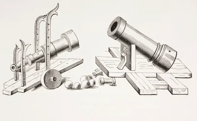 Canons du XVe siècle, avec affût fixe (à droite) et affût roulant (à gauche) de Les Arts au Moyen Âge, publié en 1873