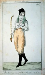 Mode du 18ème siècle : Costume parisien avec grand col, pantalons avec bottes. Paris, Musée du Costume