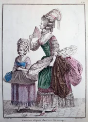 Mode du 18ème siècle : une créatrice élégante livrant son travail, un jupon garni de baleines utilisé pour soutenir la robe des femmes. Gravure de 1778 Paris, arts décoratifs