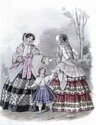 2 femmes à la mode avec une fille en promenade - dans « Journal des Demoiselles » 1852