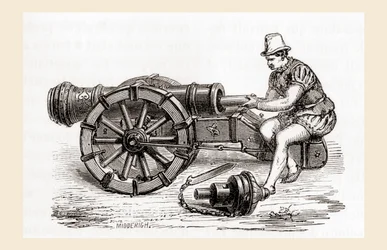 Un canon allemand à chargement par la culasse du XVIe siècle, de Les Merveilles de la Science, publié vers 1870 (gravure)