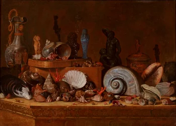 Cabinet de curiosités : Coquillages avec corail et boîte en bois ainsi que des antiquités dont un Ushabti égyptien sur un socle en pierre, vers 1730-70 (huile sur toile)