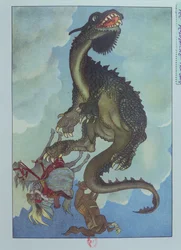 Un dragon tombant du ciel, illustration du conte hongrois 