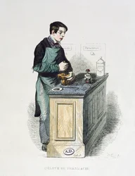 Un étudiant en pharmacie préparant des médicaments, illustration tirée de Les Français peints par eux-mêmes, Éditions L. Curmer, 1841 (gravure en couleur)