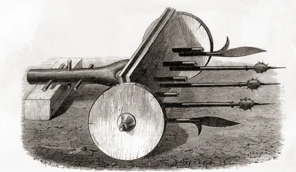 Un ribauldequin, machine infernale ou orgue à canon, armé de petits canons et de piques, extrait de Les Merveilles de la Science, publié vers 1870 (gravure)