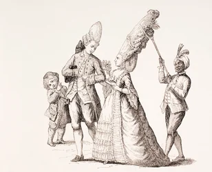 Une satire sur les coiffures extrêmes des femmes à Paris au XVIIIe siècle, 1875