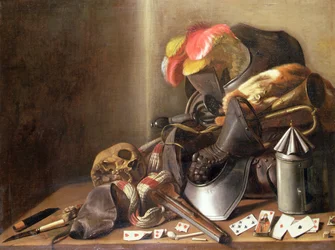 Nature morte vanité avec un crâne, des cartes à jouer et une armure, vers 1650
