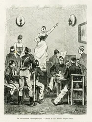 Un café chantant à Bourg Léopold. Gravure par A.Hubert pour illustrer l