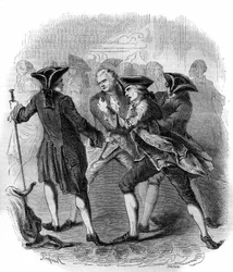 Une confrontation entre « Gluckistes » et « Piccinistes » illustrant la rivalité entre les compositeurs Christoph Willibald Gluck et Niccolò Vito Piccinni. Gravure de 1856