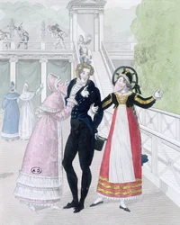 Un dandy courtisé par deux femmes masquées, de la série Le Bon Genre