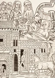 Un pécheur mourant entouré de sa famille et deux diables chuchotant à son oreille, page du texte du XVe siècle Ars Moriendi ou L