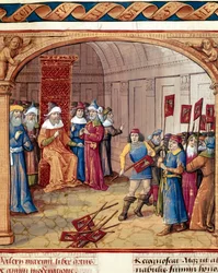 Un roi reçoit des bannières et des haches miniatures de « Dicta et facta memorabilia » par Valère Maxime (Valerius Maximus) (1er siècle av. J.-C.) 1410 Chantilly, Musée Condé