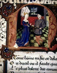 Un homme offre une bague à une dame (lettrine « n »).