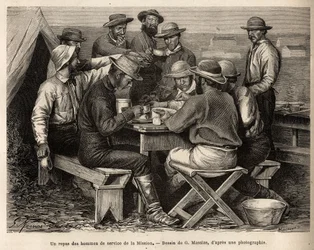 Un repas des hommes de service de la mission de 1872 au campement, avant la première reconnaissance sur le terrain, gravé d