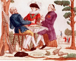 Un paysan (tiers état), un clergé et un aristocrate mangent un lapin ensemble à une table, en arrière-plan à droite une scène de chasse, à gauche, trois fusils, août 1789 (gravure, fin XVIIIe siècle)