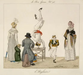 Un artiste debout sur la tête en équilibre sur un verre, planche 96 de Le Bon Genre, c.1810