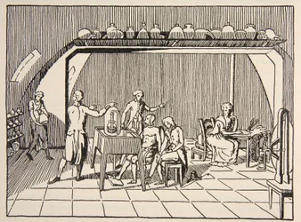 Expérience de respiration dans le laboratoire de Lavoisier, copie par Boris Mestchersky, illustration de Histoire de la Nation Française, Sciences, Volumes I & II, par Gabriel Hanotaux
