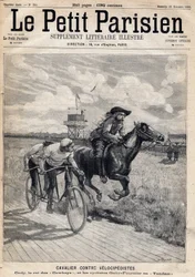 Un cavalier courait contre des vélocipédistes : William Frederic Cody (1846-1917), dit Buffalo Bill, connu comme le roi des cowboys et les cyclistes Gaby et Fournier en tandem. Dans le journal "Le Petit Parisien" le 26/11/1893 (gravure)
